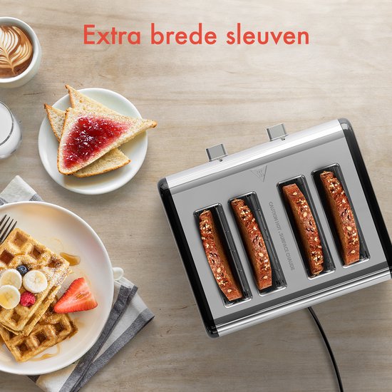 KitchenBrothers Toaster - Toaster - 6 Heizstufen - 4 extra breite Schlitze - Touch-Display - 1630W - Edelstahl/Schwarz