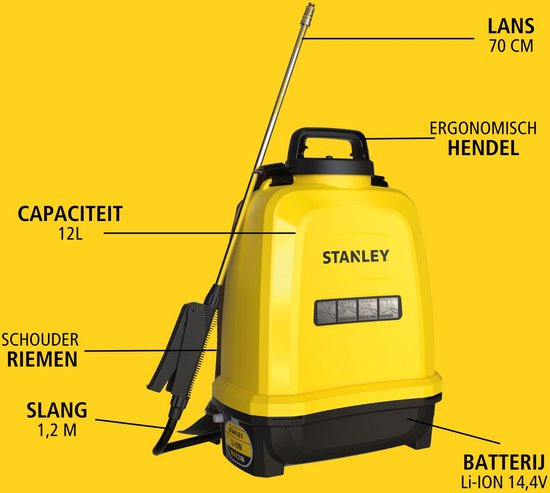 Stanley Drucksprühgerät 12 L hinten, Rückensprühgerät Garten, Drucksprühgerät, elektrisch, wiederaufladbare Lithium-Batterie, Teleskoplanze, verstellbare Düse, Autonomie 2 h, max 5 bar, 0,60 l/Minute, gelb/schwarz