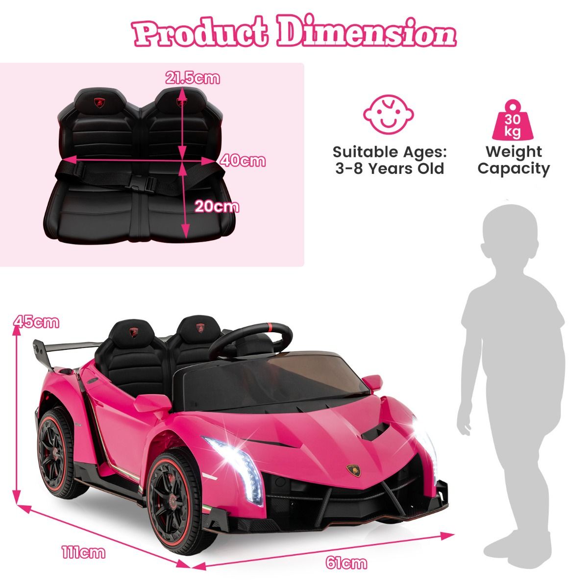 Coast Elektro-Kinderauto Lamborghini – 12-V-Akku – Fernbedienung – 3 Geschwindigkeitsstufen – Weiß