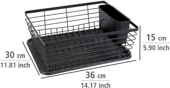 WENKO Abtropfgestell „Drip“, schwarz, 36 x 30 cm, mit Auffangschale und Besteckhalter – Geschirrabtropfgestell – Abtropfgestell mit Auffangschale, schwarz