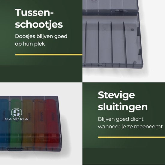 Gandria Pillenbox 7 Tage - Herausnehmbare Pillenbox - Medizinbox mit 21 Fächern - Medizinbox mit stabilem Verschluss - 3 Fächer pro Tag - 7 Farben
