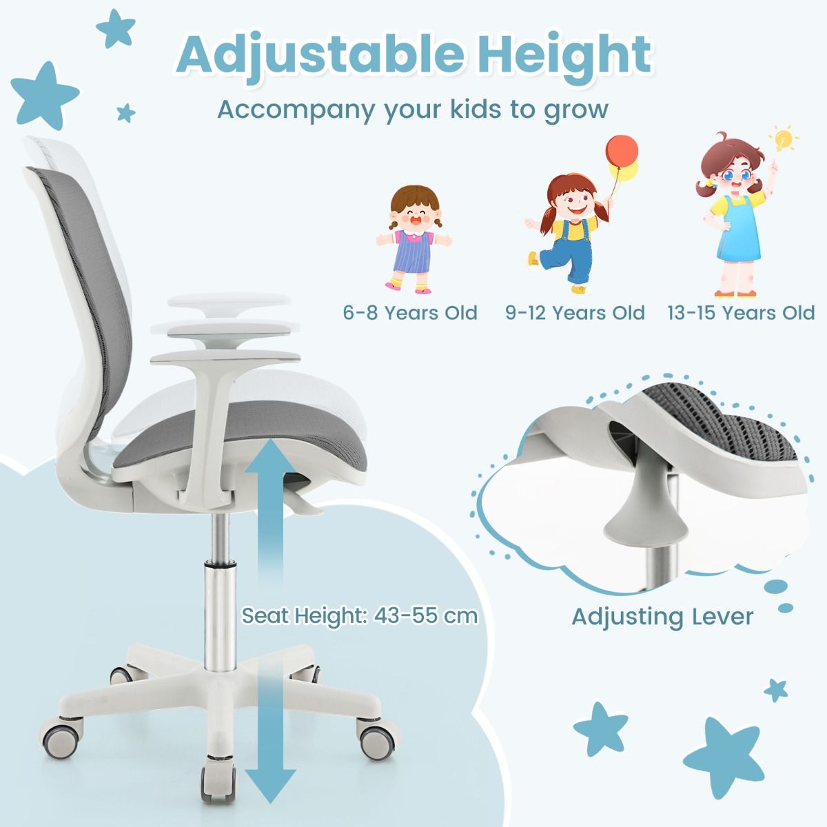Coast Kinder-Schreibtischstuhl – höhenverstellbar – ergonomisches Design – grau