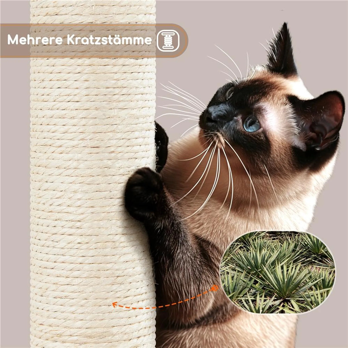 Yaheetech Mittelgroßer Kratzbaum - 43,5 x 43,5 x 106 cm - Mit großzügiger Aussichtsplattform und Hängematte und Katzenkorb mit 5 Sisalstäben - Für Kätzchen und mittelgroße Katzen - Beige Plüsch und Spanplatte
