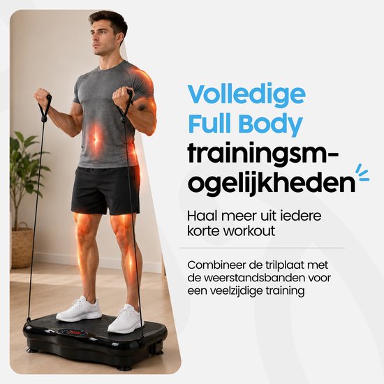 Infinity Goods Vibrationsplatte Premium – Fitness-Vibrationsplatte – inklusive Widerstandsbänder und Griffe – Powerplate – 5 Trainingsprogramme – 99 Geschwindigkeitsstufen – Bluetooth-Musik – Schwarz