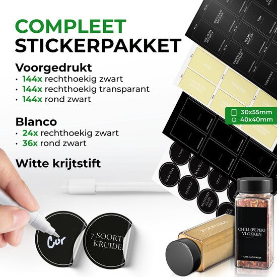 Soothe 48 Glasgewürzdosen quadratisch mit schwarzem Deckel - 2 Arten von Streudeckeln - Gewürzstreuer - Gewürzdosen - Komplettset inkl. Gewürzsticker, Kreidestift und Zubehör - 120ml