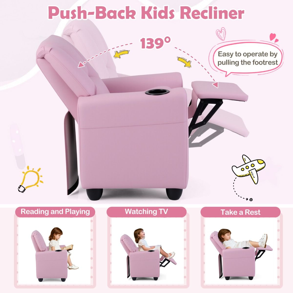 Coast Kindersessel mit Relaxfunktion – verstellbare Rückenlehne und Fußstütze – Getränkehalter – rosa