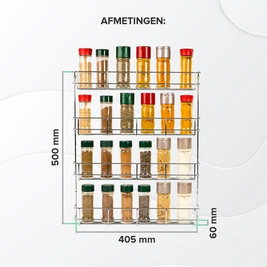 Coninx Gewürzregal Metall - Aufhängbar - für 32 Gewürzdosen - 4 Etagen Gewürzorganisation - 405x60x500mm - Chrom