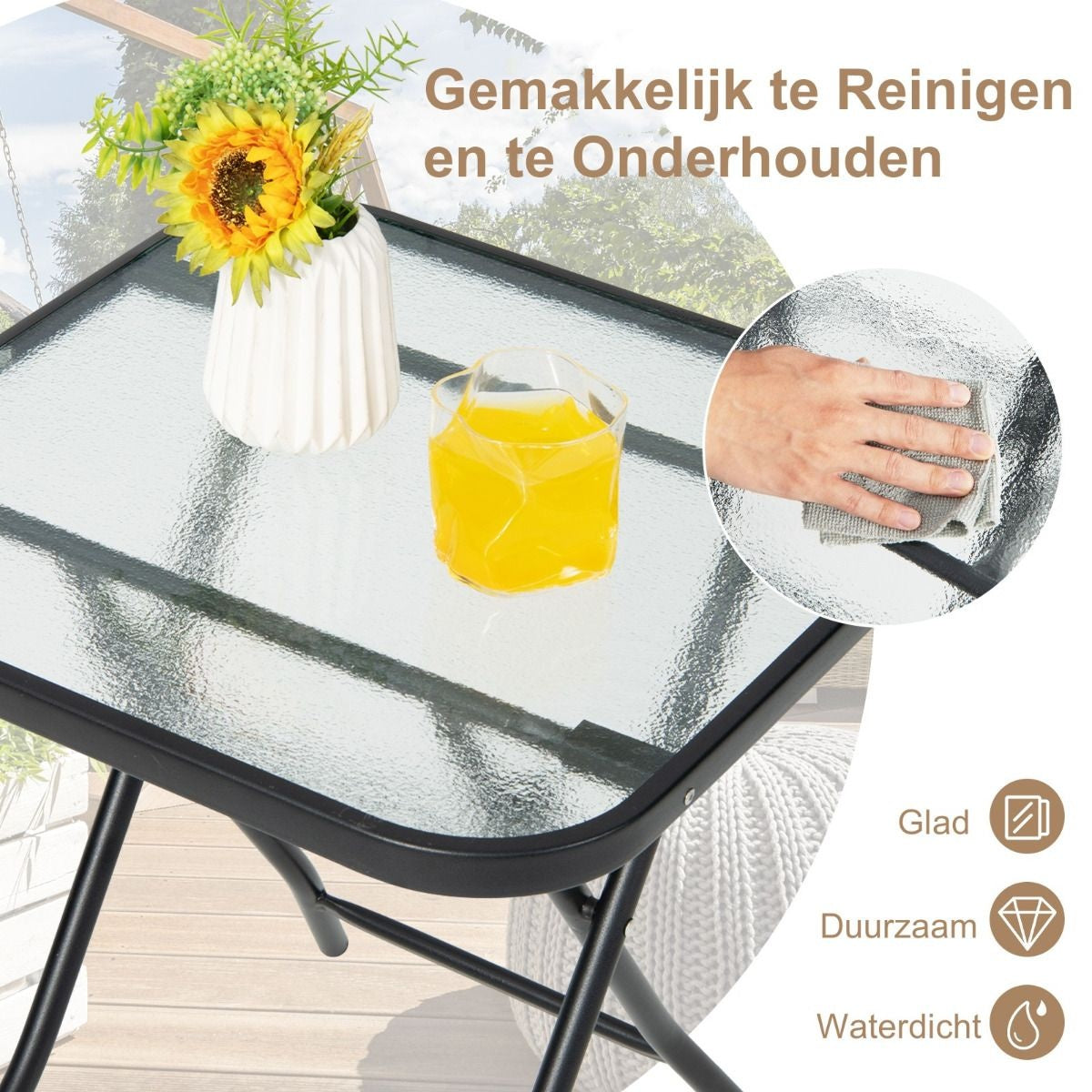 Coast Terrace Beistelltisch quadratischer Glastisch mit Edelstahlgestell klappbarer Couchtisch schwarz