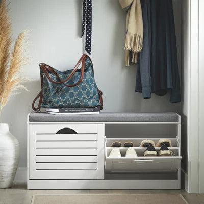 SoBuy Schuhschrank mit Sitzkissen – 2 Klappen – 94 x 30 x 47 cm – Weiß