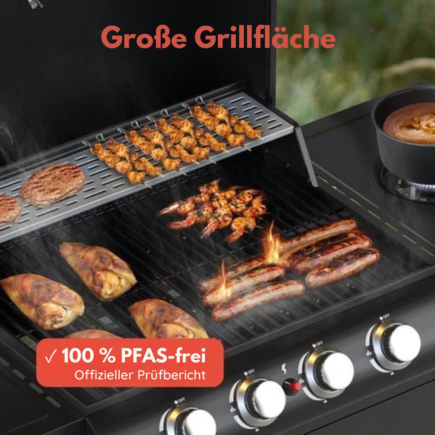 KitchenBrothers Gasgrill - Mit Seitenbrenner - 5 Brenner - Mit Gasanschluss - 42x57cm Grillfläche - Schwarz