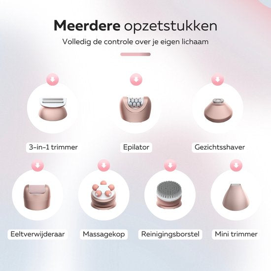Beeperfect 7 in 1 Epilierer für Frauen - Bikini-Trimmer - Wiederaufladbar - Wasserdicht - 7 Aufsätze - weiß/rosa