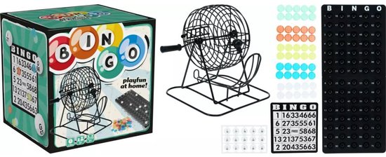 Schwarze Bingo-Maschine mit Spielbrett, Bingo-Karten und Spielmarken