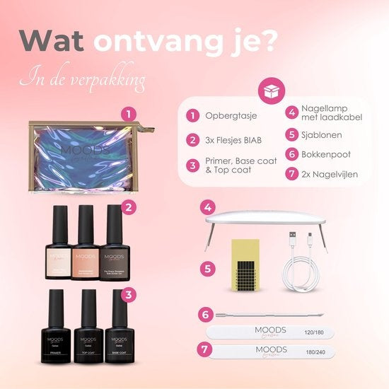 Moods Gellac BIAB Starter Pack - The Nude - Builder in a Bottle - BIAB Nagellack - Inklusive UV/LED Lampe, Bucking Stick, Nagelfeile, Primer, Base und Top Coat