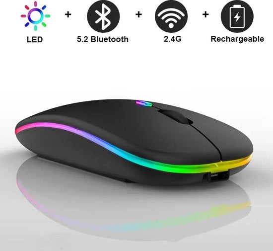 Kabellose LED-Bluetooth-Maus - Ergonomisch - RGB - Laptop und Gaming - Kabellos - Schwarz