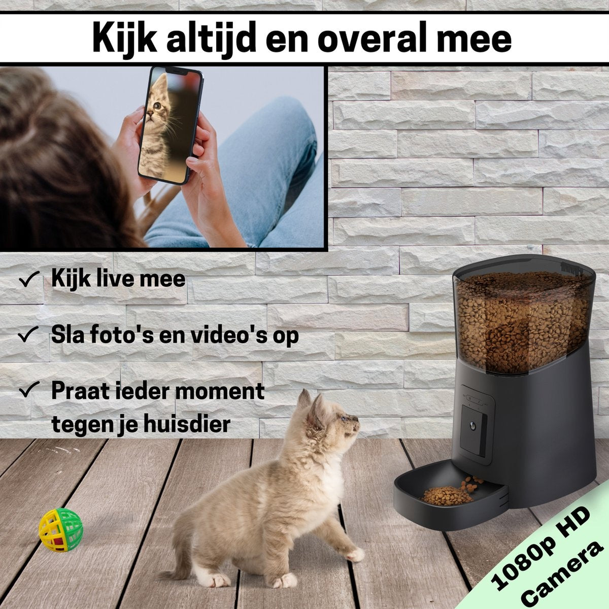 BOME - Ferngesteuerter Futterautomat für Katzen und Hunde - Kamera und Audio inkl. SD-Karte - Schwarz