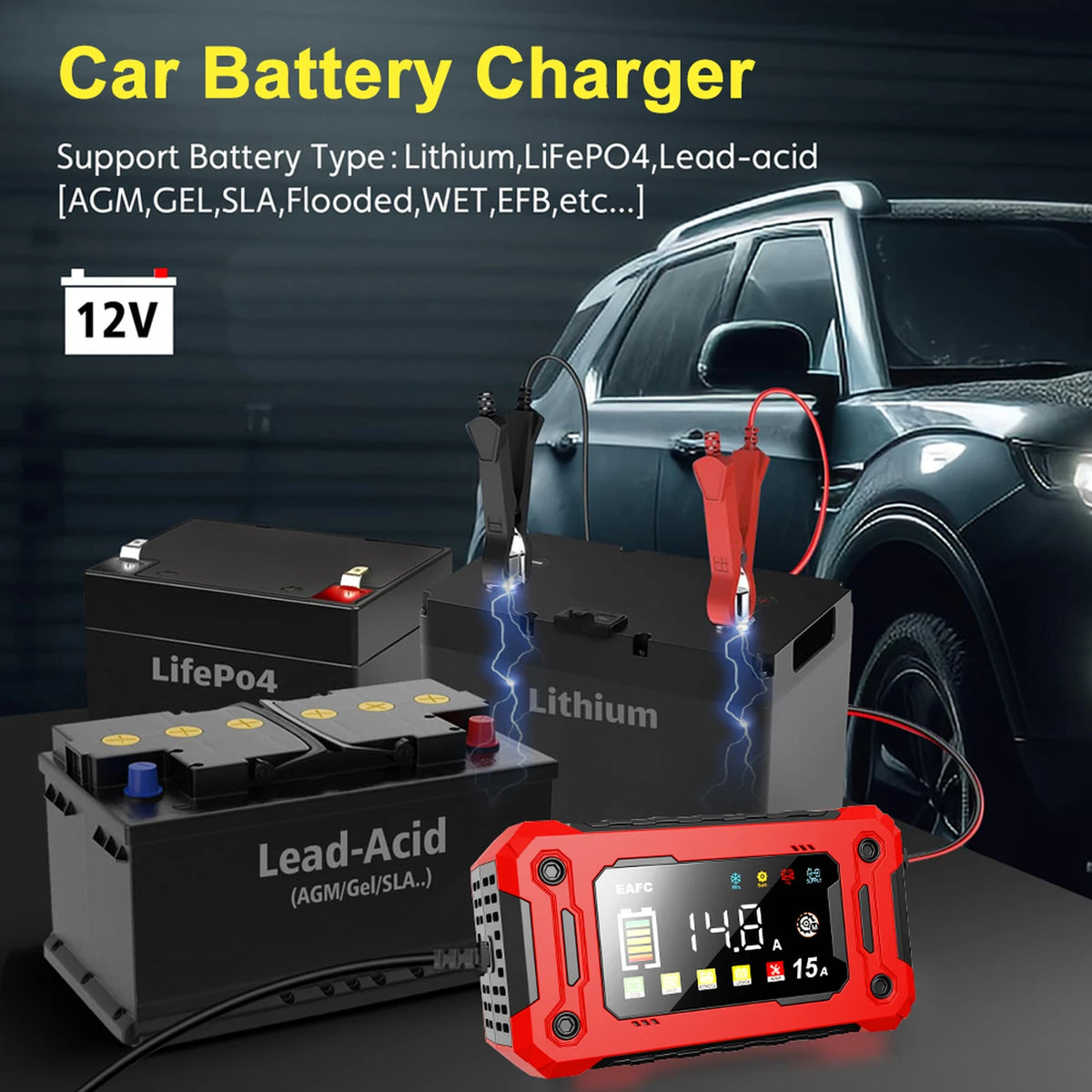 Eafc Auto-Ladegerät 12 V, 15 A – Großes HD-Display – Pulse Repair – Lithium-, AGM-, Blei-Säure- und Gel-Batterien