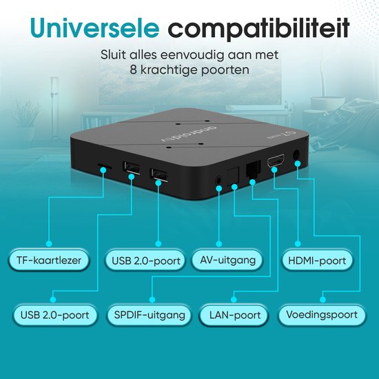 Tibagoods Mediaplayer - Android TV Box 4K HDR - Geeignet für Chromecast Streaming - Mediabox - TV Dongel - Streaming Box mit Wifi - Erstellen Sie Ihren SMART TV - Geeignet für alle Arten von Streaming-Apps