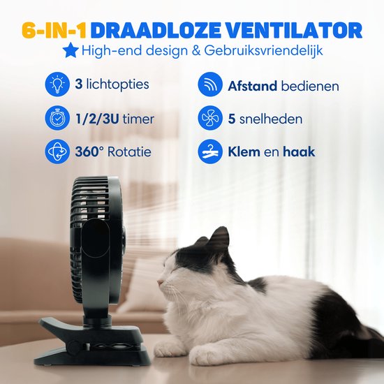 Vulpes Goods® Tech - Tischventilator MAX - Ventilator - Wiederaufladbar & kabellos - Leiser USB-Ventilator mit Fernbedienung - 5 Geschwindigkeiten & Beleuchtung - Ultraleise - 12000 mAh & Powerbank-Funktion - Schwarz