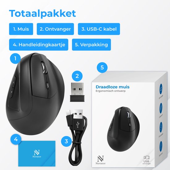 Nuvance Ergonomische Maus – Kabellose Maus – Bluetooth-Maus – Kabellose Maus – Geräuscharm – Computermaus – Wireless Mouse – Für Rechtshänder