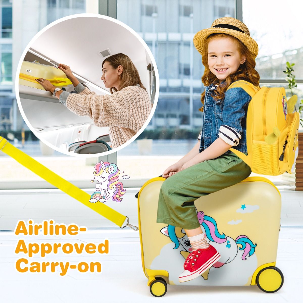 Coast Kinderkoffer- und Rucksack-Set – Ride-on-Koffer mit Rädern – Rucksack mit niedlichem Bienenmotiv – Gelb