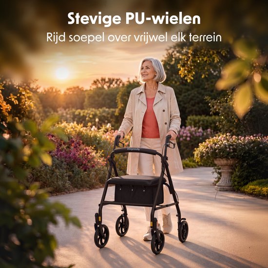 LifeGoods Basic Rollator – Leicht und zusammenklappbar (8,7 kg) – Mit Sitz und Rückenlehne – Für drinnen und draußen – Höhenverstellbar – Tragkraft bis zu 136 kg – Schwarz