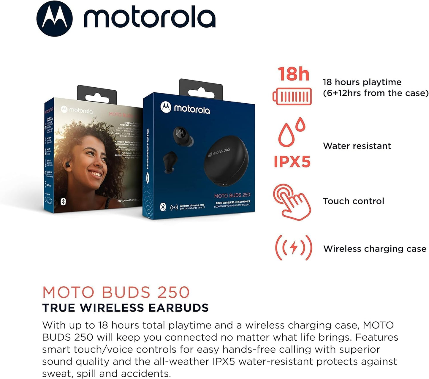 Motorola Sound Wireless earbuds - Moto Buds 250 - In-Ear - Qi-Technologie - wasser- und schweißfest - Touch- und Sprachsteuerung - 18 Stunden Spielzeit - schwarz, S/M/L