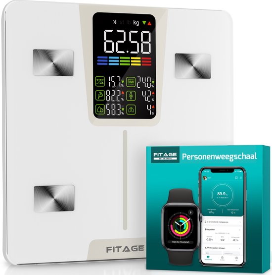 FITAGE LED-Waage Weiß - Personenwaage Digital - Intelligente Waage mit 17x Körperanalyse - Waagen - FITAGE App