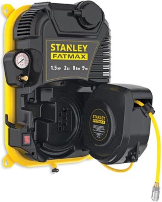 Stanley Fatmax Compressor, ölfreier Luftkompressor mit selbstaufrollender Kabeltrommel, Wandmontage, 1,5 PS, 8 bar, Tankinhalt 2 L