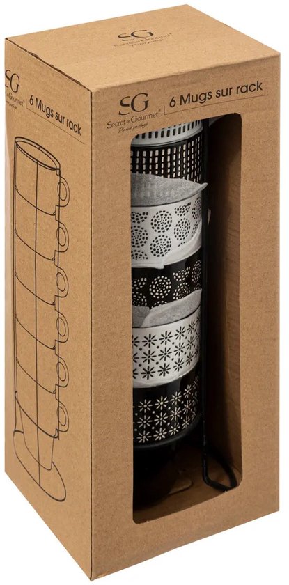 Secret de Gourmet Kaffeetassen/Becher Artista – 6 Stück im Metallständer – Keramik – glänzende Oberfläche – 260 ml – 8 x 9 cm