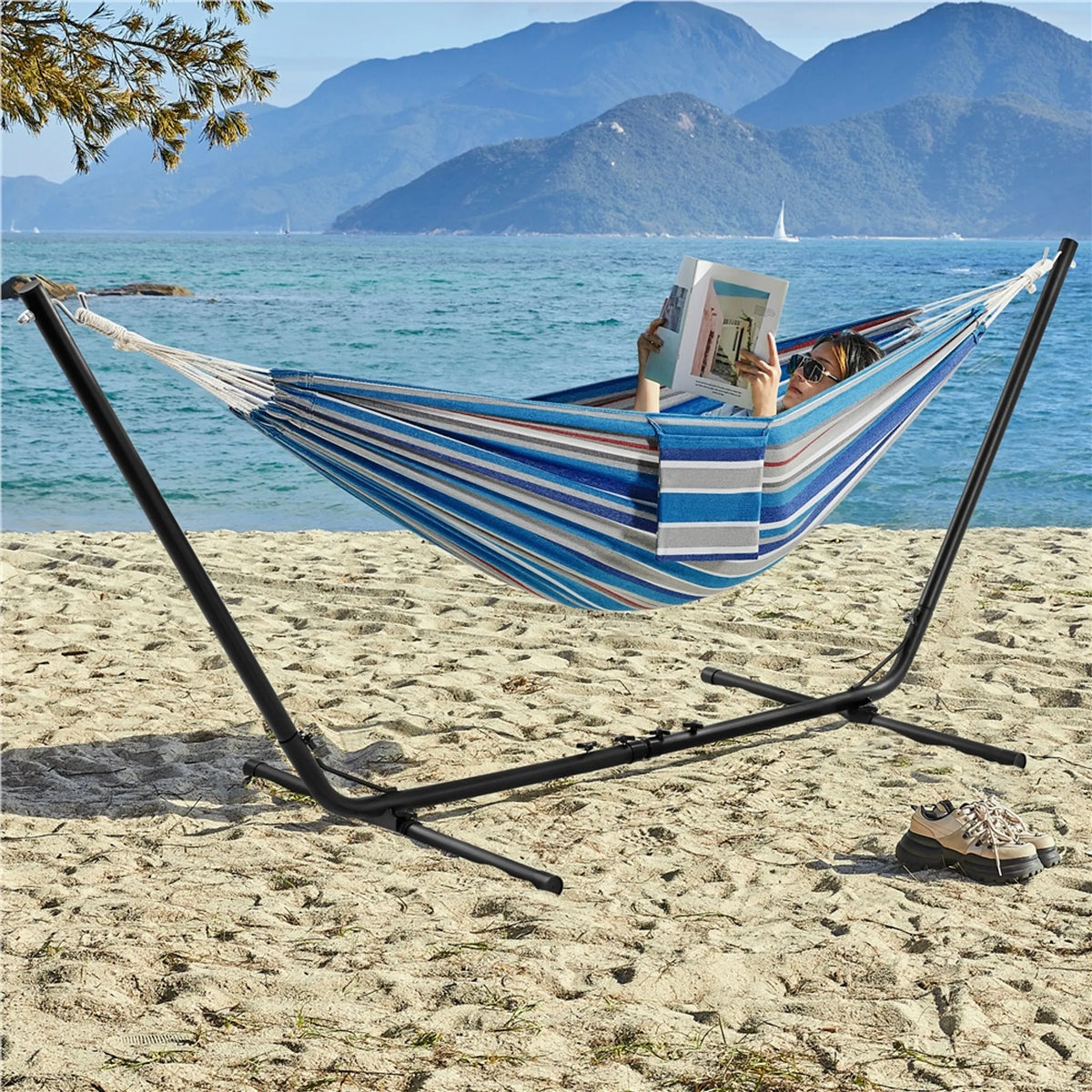 Camping-Hängematte mit Ständer für 2–3 Personen, verstellbar von 294 bis 314 cm, blau