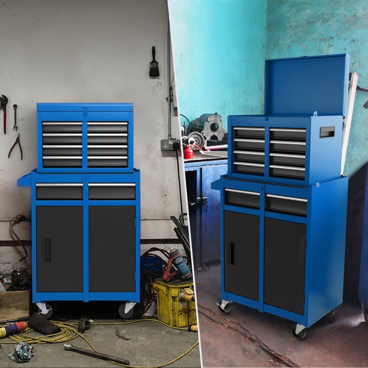 Coast Werkzeugkasten - 4-Schubladen - mit Rädern und Stauschrank - 59 x 28 x 102 cm - Blau
