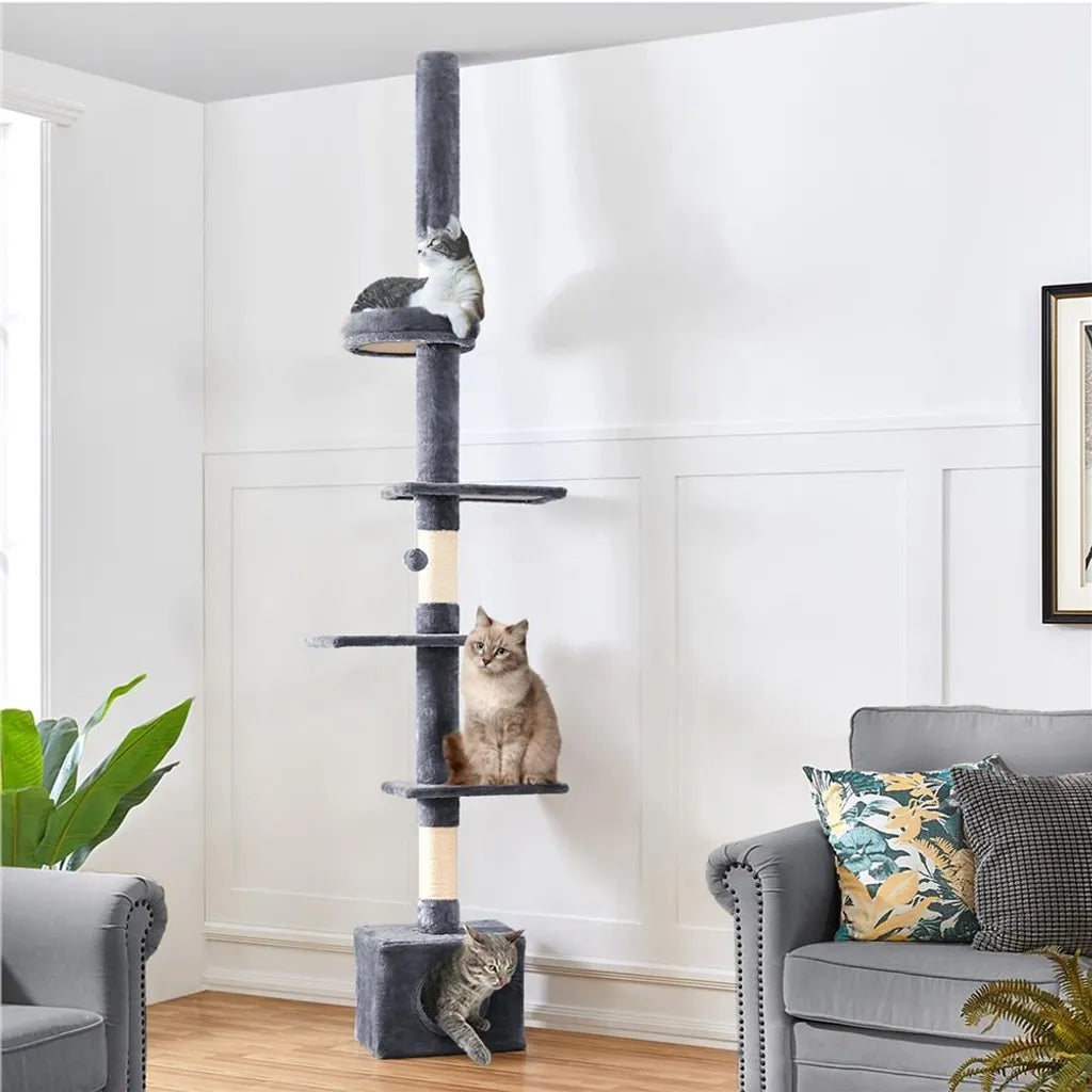 Yaheetech Decken-Kratzbaum 226–265,5 cm – Dunkelgrau – Verstellbarer Kratzbaum mit 5 Ebenen