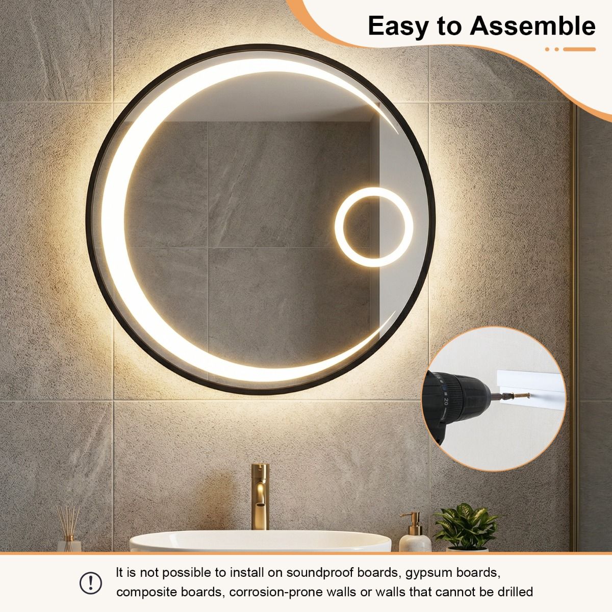 Coast Runder Badezimmerspiegel – LED-Beleuchtung – Beschlagfrei – 61 cm, Schwarz