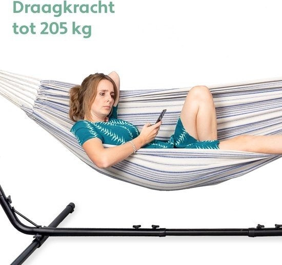 Vita5 Hängematte mit Ständer - 2 Personen - Inkl. Getränkehalter - 205kg Tragegewicht - Blau/Weiß