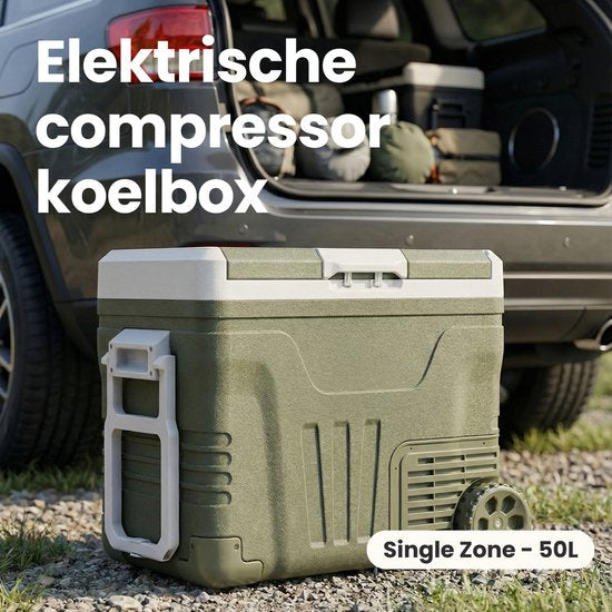 Auronic Electric Cool Box - Kompressor - 50L - 12V und 240 Volt - Camping Kühlschrank - Frigobox Auto - Mit Rädern und Griff - Grün