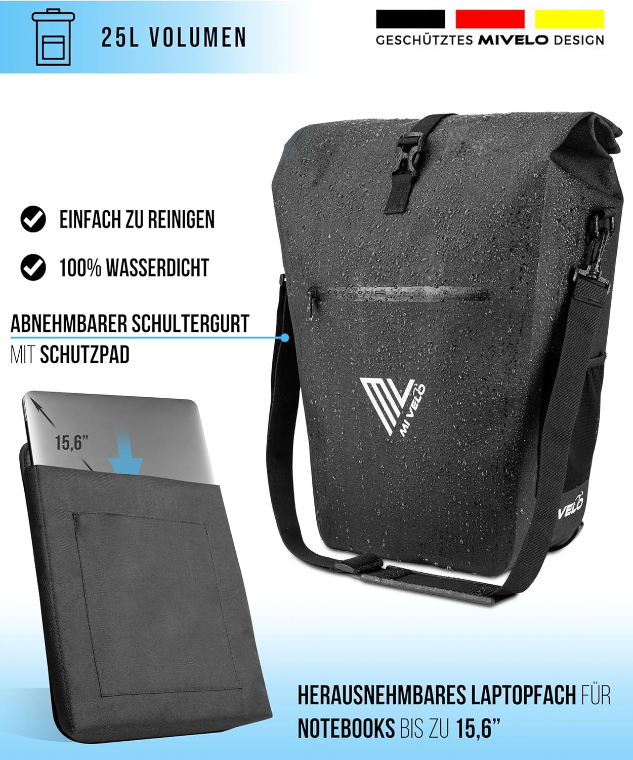 MIVELO Packtasche - Wasserdicht - 25L - Mit Laptopfach und Schultergurt - Schwarz