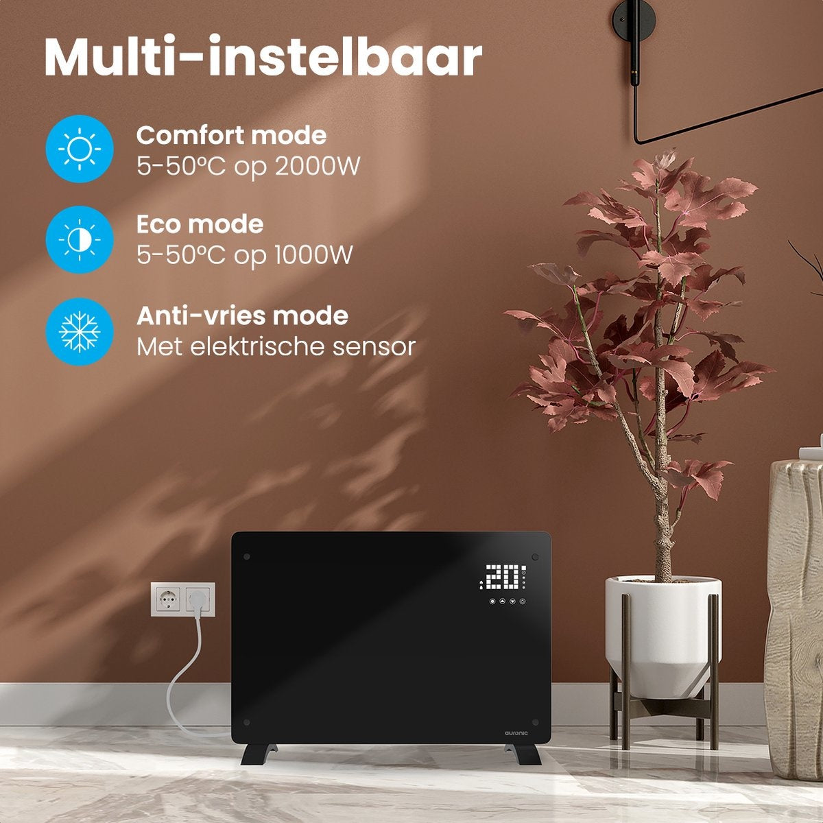 Auronic Elektroherd - Mit Thermostat und Fernbedienung - Bis zu 22 m3 - 2000 W - Schwarz