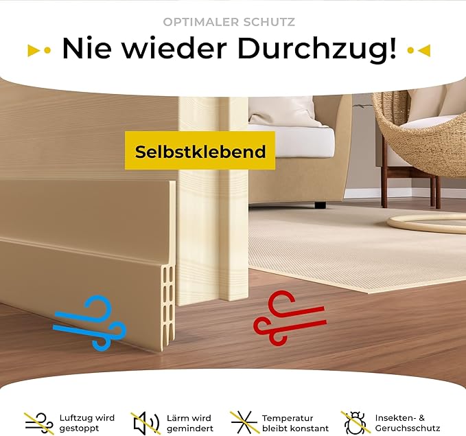 five dots Zugluftstopper für Türen aus Silikon (selbstklebend) - hält Wärme im Raum und stoppt Zugluft unter der Tür - Zugluftstopper für Türen als Kälteschutz