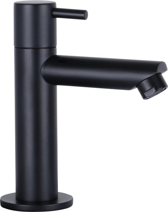 Differnz Helios Brunnenset - Wasserhahn links - Becken Keramik Weiß - Gerade Armatur - Matt Schwarz - Standardgriff - 37,5 x 18,5 x 9,5 cm