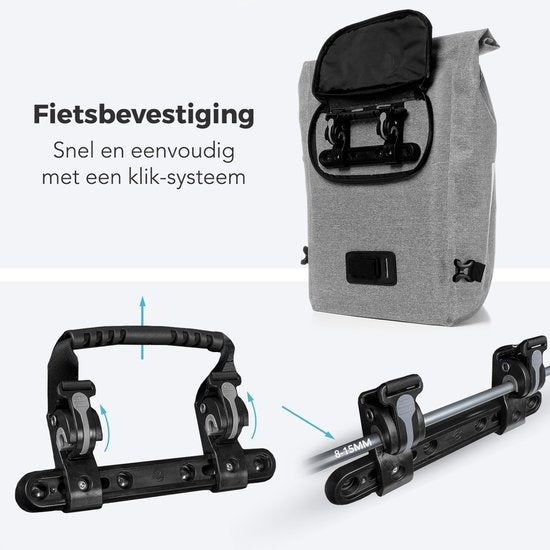LifeGoods Single Bicycle Bag - Kompakt - Umhängetasche und Rucksack - 25L - Runder Gepäckträger - Wasserdicht - Grau