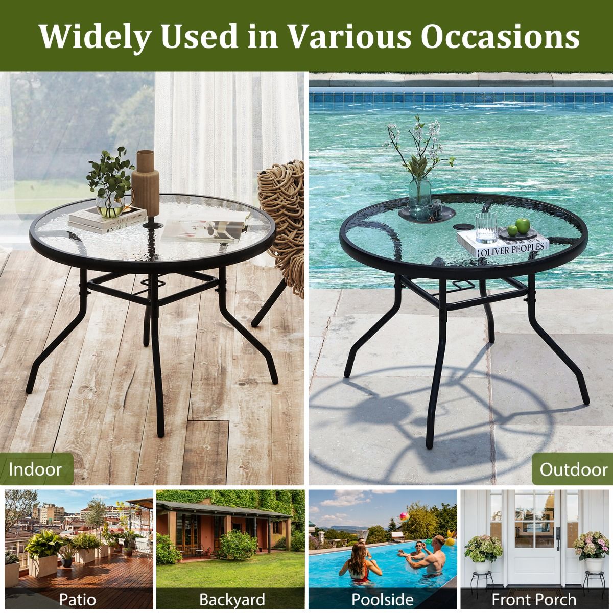 Coast Runder Beistelltisch für den Außenbereich – Tischplatte aus gehärtetem Glas – Sonnenschirmloch 4,2 cm – Schwarz 70 x 70 x 45,5 cm