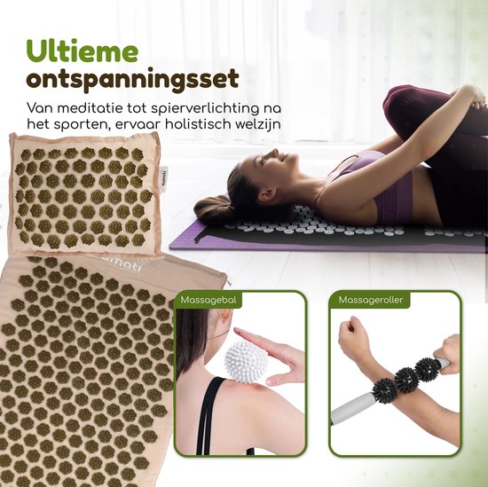 Amati Blue Lotus Nail Mat - mit Kissen - Massage Roller & Ball - Akupressur Matte - Shakti Mat - Beige