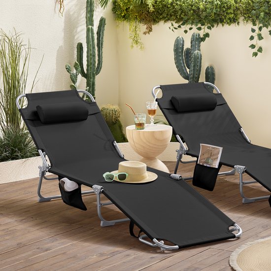 SoBuy Klappliegestuhl, verstellbarer Gartenliegestuhl mit Kopfstütze und Aufbewahrungstasche, ergonomischer Relaxstuhl für den Außenbereich, Garten, Balkon und Terrasse, schwarz, OGS35-SCH