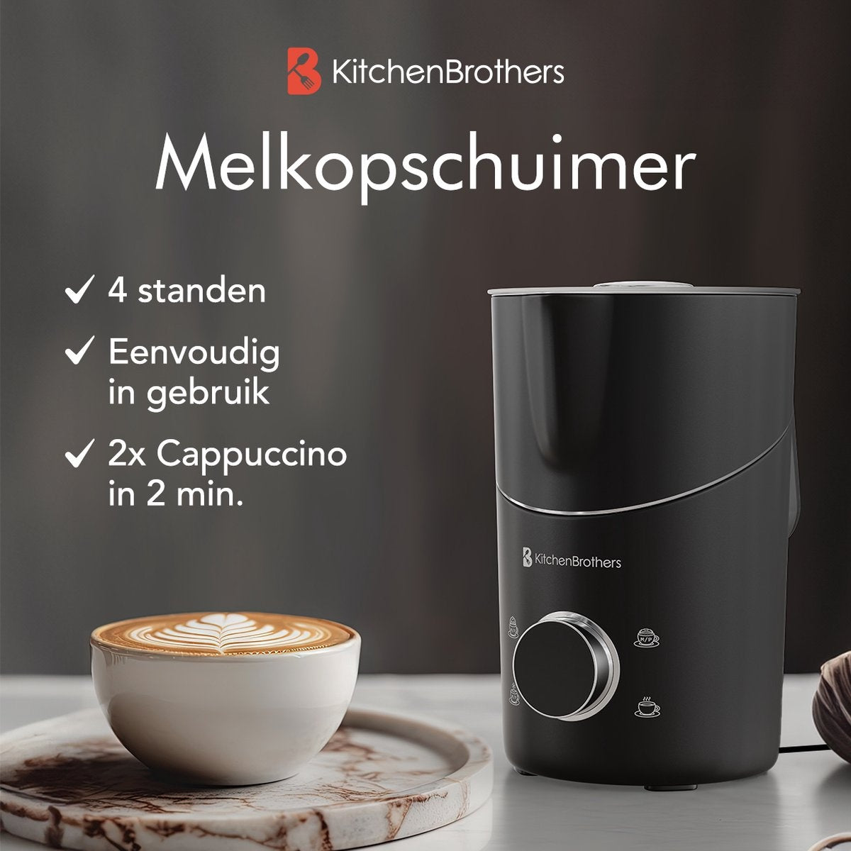 KitchenBrothers Elektrischer Milchaufschäumer - Abnehmbare Kanne - 4-in-1 - 400 ML - Schwarz