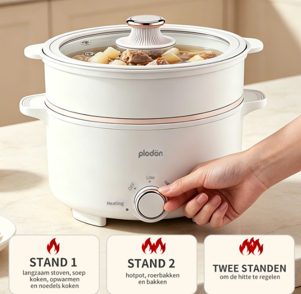 Plodon Elektrischer Hotpot 2,4 l – Antihaftbeschichtung – 27 x 22 cm – Mit Dampfkorb