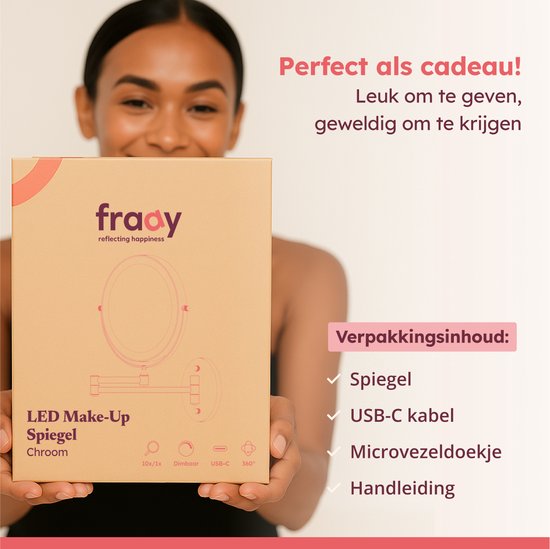 Fraay® Make-up-Spiegel mit LED-Beleuchtung - 10-fache Vergrößerung - Vergrößerungsspiegel mit Licht - wiederaufladbar - Rasierspiegel - Badezimmerspiegel - Chrom