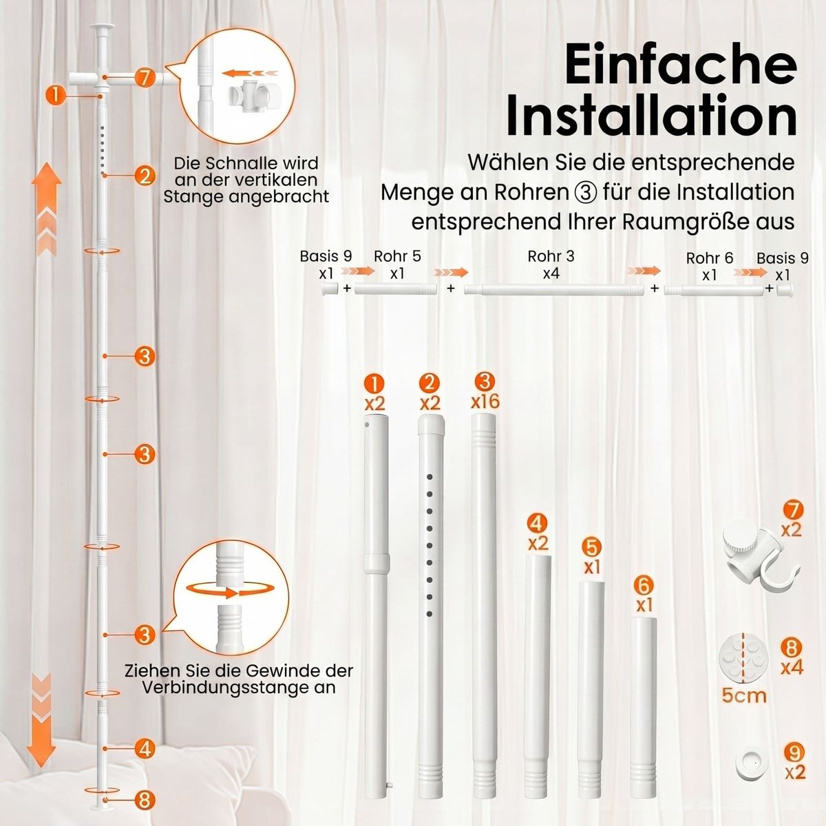 Coast Raumteiler-Vorhangsystem – ohne Bohren – in Höhe und Breite verstellbar – weiß