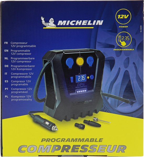 Michelin Compressor Luftpumpe 12 V – Einstellbarer Luftdruck (0,05–7 bar) – Mit USB-Anschluss – Elektrische Luftpumpe – Fahrrad/Auto/Motorrad/Ball/Luftmatratze – Mit verschiedenen Düsen