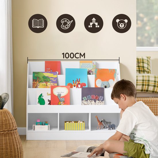 SoBuy Montessori KMB118-W Bücherregal für Kinder, Kinderregal mit 3 Ablagefächern und Spielzeugregal, Kinderzimmer, Bücherregal und Spielzeugregal, weiß, 100 x 80 x 30 cm