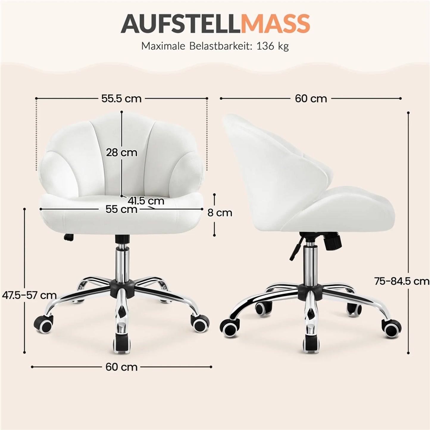 Yaheetech Bürostuhl Shell-Shaped - Features Swing-Funktion und höhenverstellbare Gaslift und gepolsterte Rückenlehne - für Home-Office und Schlafzimmer - Weiß Polyester und Metall - 60 x 60 x 76,5-86 cm